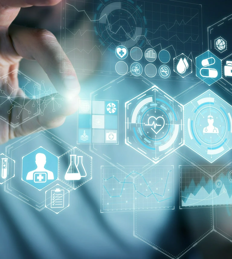 Digital medical interface with health icons, charts, and clinical data analysis features