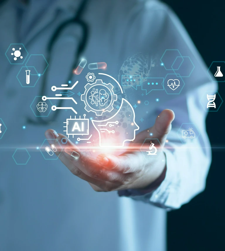 A doctor in a&nbsp;white coat presenting a&nbsp;brain hologram with an AI icon and medical symbols