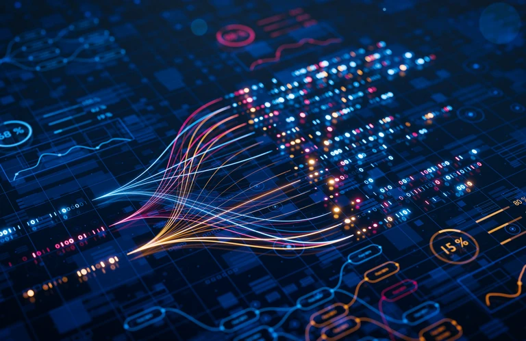 “Abstract visualization of data flowing into a&nbsp;neural network with colorful lines and interconnected nodes